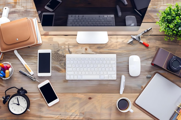 Office Desk With Pc Mobile Phone And Belongings