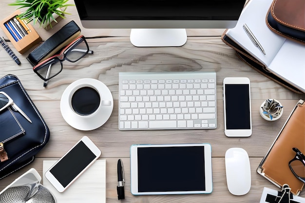 Office Desk With Pc Mobile Phone And Belongings