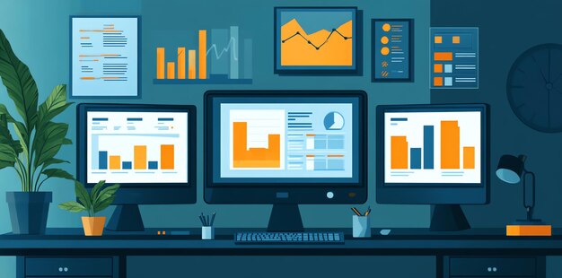 Photo office desk with three monitors displaying graphs and data