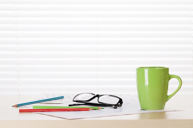 Office desk workplace with supplies