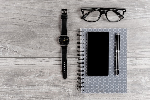 Office desktop flat lay