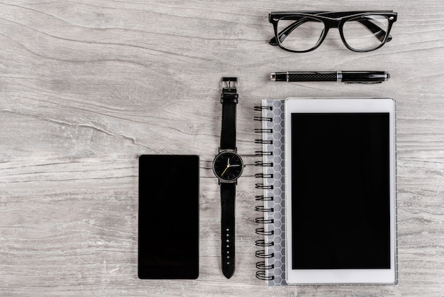 Office desktop flat lay