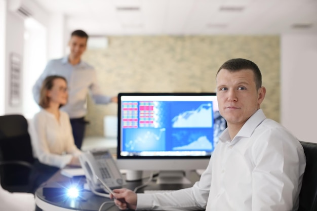 Office employee giving presentation during meeting Forex concept