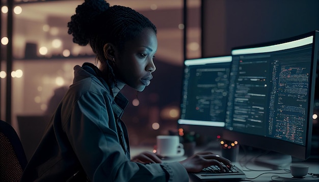 In the office a female programmer sits in front of a computer screen coding an IT concept AI generative