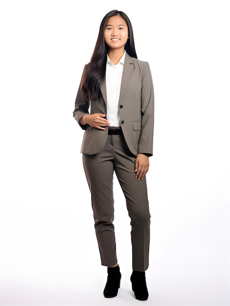 Office girl in a formal business suit full body shot white background