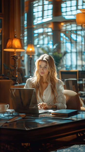 A office girl working on her laptop with a blurred background