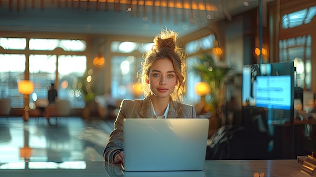 A office girl working on her laptop with a blurred background