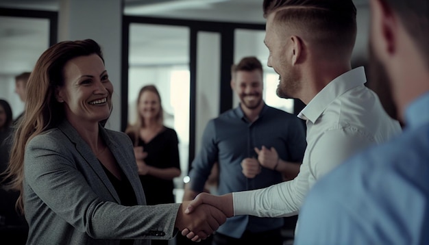 In the office a gorgeous smiling older woman shakes hands with a smiling young man to celebrate a good business deal Colleagues thank Generative AI for their assistance