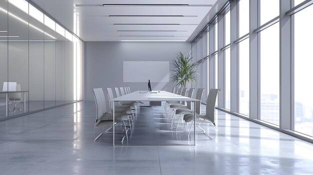 An office in gray tones with long tables and chairs in a worker meeting room with la Generative AI