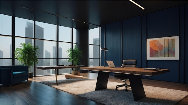 A office indoor desk with a laptop and a city skyline in the background