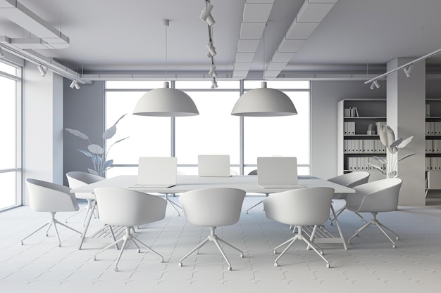 Office interior design concept with white material 3D Rendering