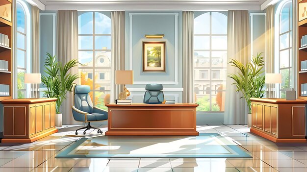 Office Interior Illustration with Large Windows and Wooden Desk