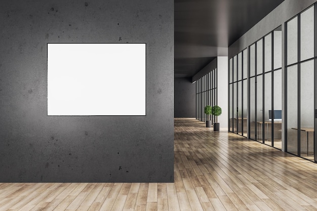 Office interior with blank billboard on gray concrete wall