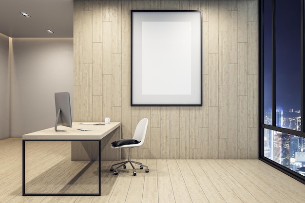 Office interior with computer blank poster on wall and night city view