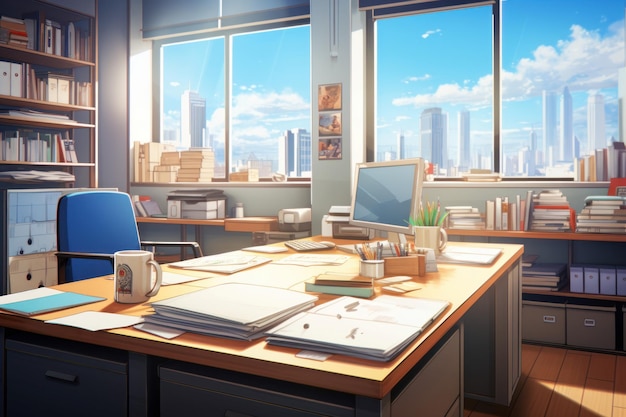 Office interior work anime visual novel game Chair company Generate Ai