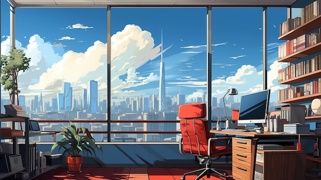 Office In A Linear Style Workplace With A Computer