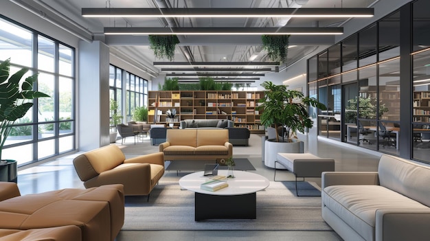 Office lounge area with couches coffee tables and a bookshelf