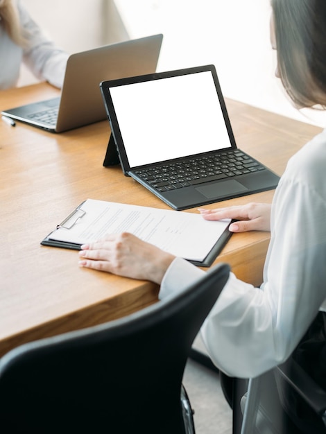 Office manager working woman computer mockup