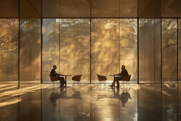 Office Meeting with Autumn Sunlight Reflection