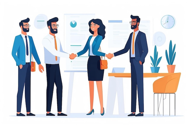 Photo office new client deal team of people shaking hands with new customer making agreement in business flat design vector illustration with white background