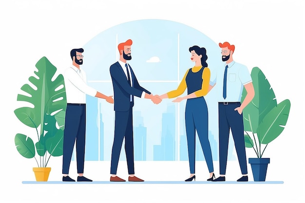 Photo office new client deal team of people shaking hands with new customer making agreement in business flat design vector illustration with white background