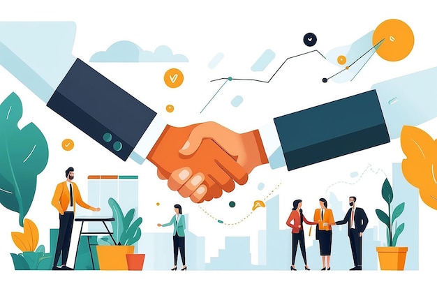 Office new client deal Team of people shaking hands with new customer making agreement in business Flat design vector illustration with white background