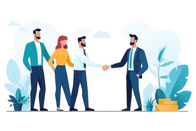 Photo office new client deal team of people shaking hands with new customer making agreement in business flat design vector illustration with white background