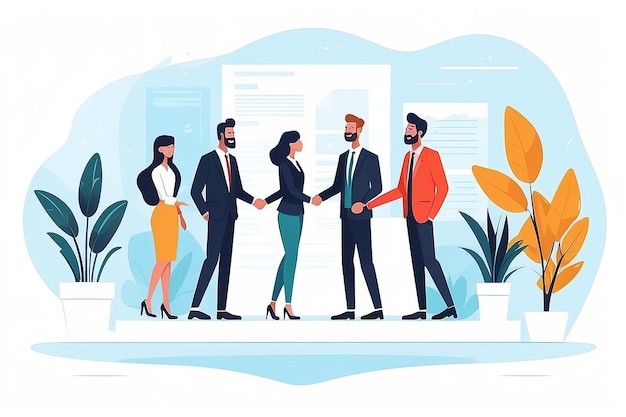 Office new client deal Team of people shaking hands with new customer making agreement in business Flat design vector illustration with white background