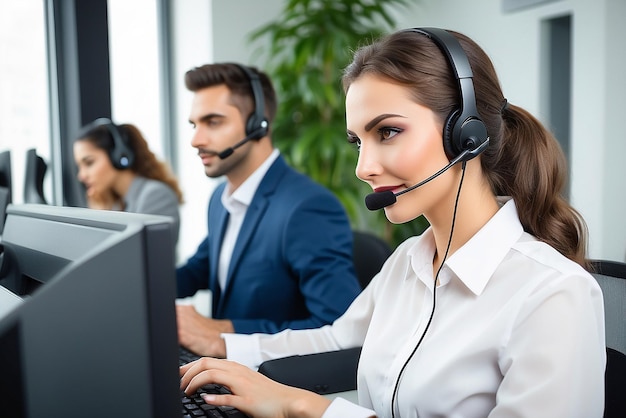 Office operator with headset talking with clients Customer service call center hotline