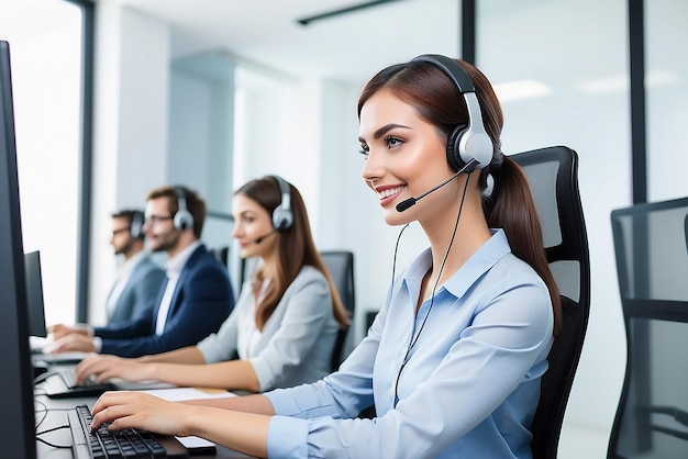 Photo office operator with headset talking with clients customer service call center hotline