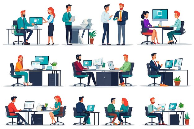 Photo office people working collection set of vector illustration with businesspeople in casual clothes at work with computers talking and discussing business flat design with white background