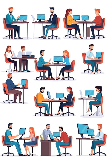 Photo office people working collection set of vector illustration with businesspeople in casual clothes at work with computers talking and discussing business flat design with white background