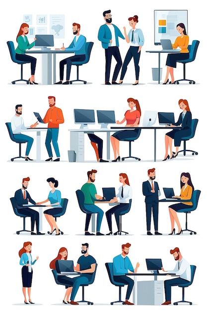 Photo office people working collection set of vector illustration with businesspeople in casual clothes at work with computers talking and discussing business flat design with white background