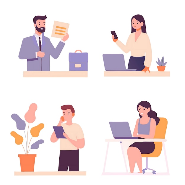 Office Professionals in Diverse Work Settings Illustration for Business Use