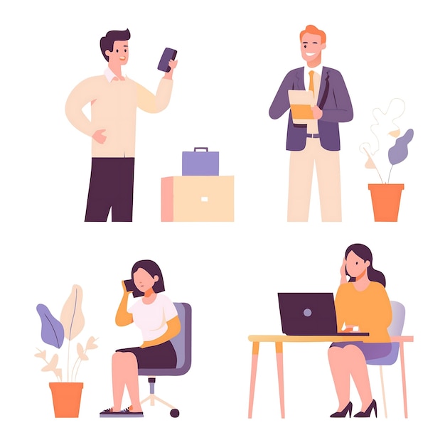 Office Professionals in Diverse Work Settings Illustration for Business Use