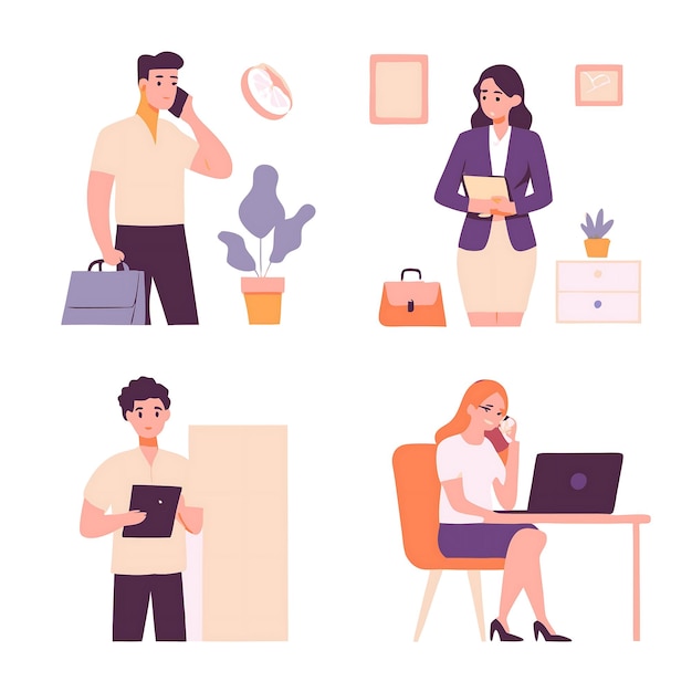 Office Professionals in Diverse Work Settings Illustration for Business Use