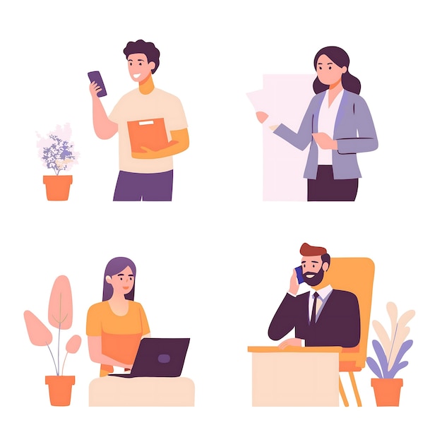 Office Professionals in Diverse Work Settings Illustration for Business Use