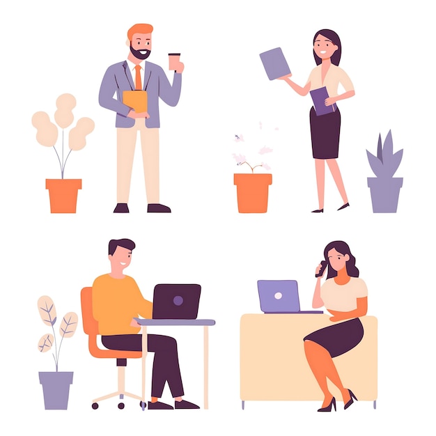 Office Professionals in Diverse Work Settings Illustration for Business Use