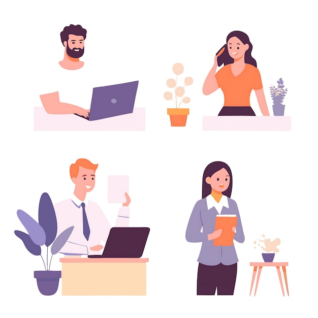 Office Professionals in Diverse Work Settings Illustration for Business Use