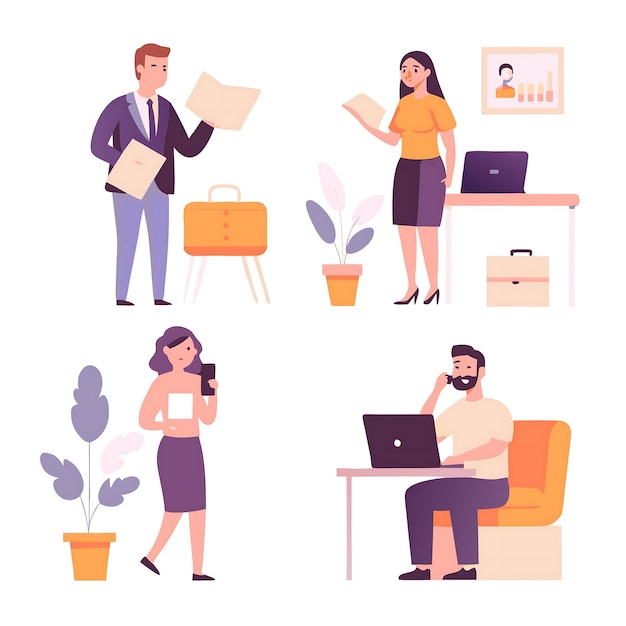 Office Professionals in Diverse Work Settings Illustration for Business Use