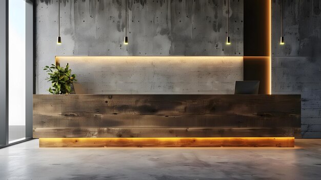 An office reception area with a modern wooden desk against a concrete wall with soft lighting illustrating a corporate interior design concept 3D Rendering