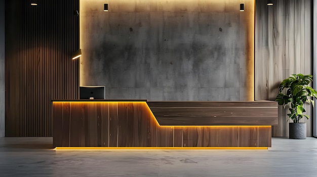 An office reception area with a modern wooden desk against a concrete wall with soft lighting illustrating a corporate interior design concept 3D Rendering