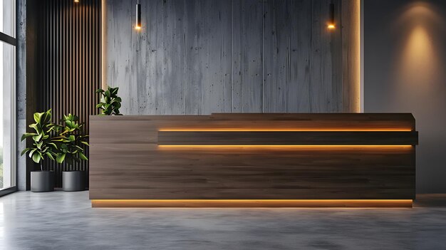 An office reception area with a modern wooden desk against a concrete wall with soft lighting illustrating a corporate interior design concept