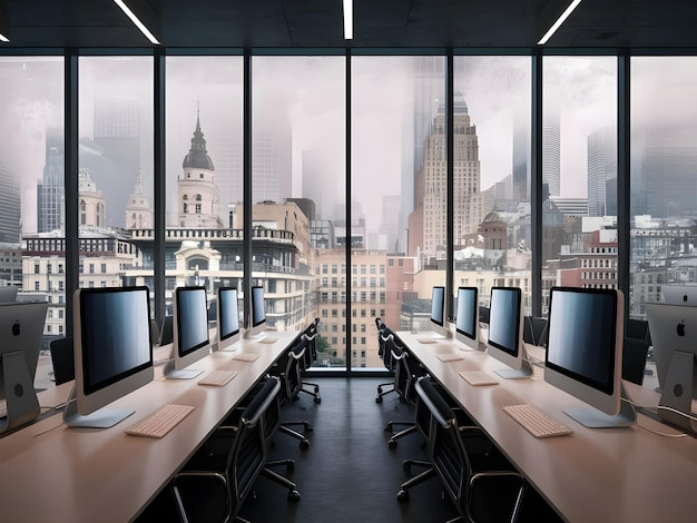 a office room with a view of a city from the top