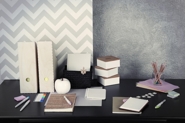 Office and school set with stationery and notebooks on a table