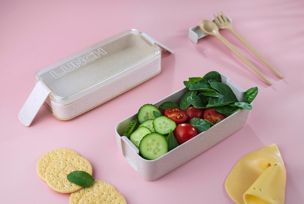 Office or school vegetarian lunch box Cucumber tomato spinach cookie cheese lunch box