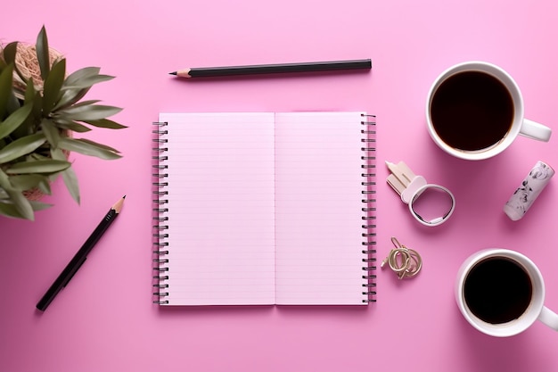 Office Setup on Pink Background with Notebooks