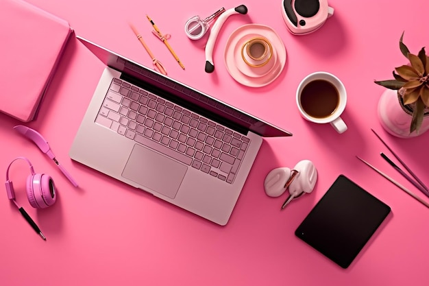 Office Setup on Pink Background with Notebooks