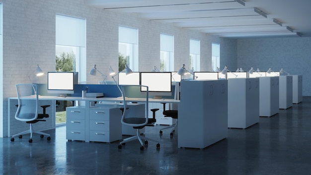 Office space. Open space. Design of office. 3D rendering.