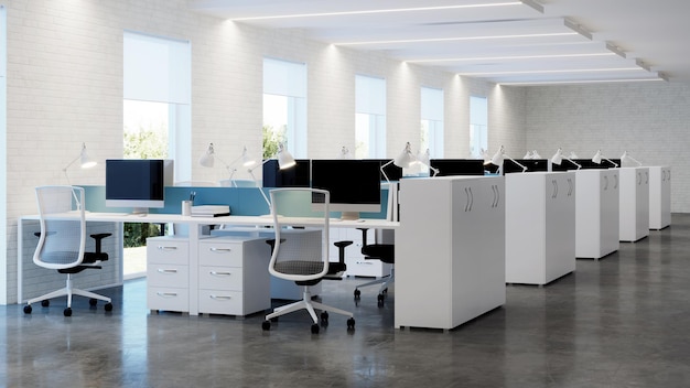 Office space. Open space. Design of office. 3D rendering.